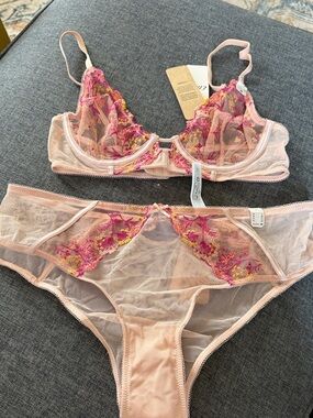 Etam Sheer Floral Embroidered Underwire Bra 32B & Brief Set Small - Light Pink